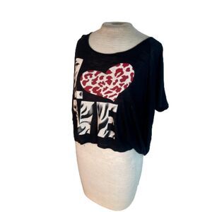 Black Short Sleeve Oversized Top with Red and White Print